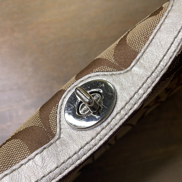 Coach Vachetta Signature C Canvas & Silver Metallic Leather Small Turn Lock Bag - Picture 7 of 10